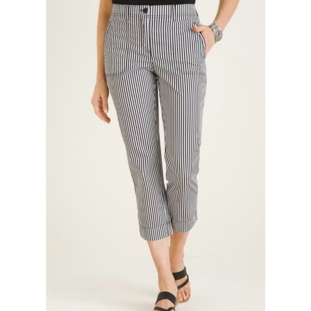Chico’s Secret Stretch black white stripe cotton pants sz 2 nautical beachy brea